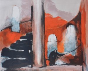 Berndt Wennström Röd trappa – Ramad – Litografi, 66×82 cm, signerad