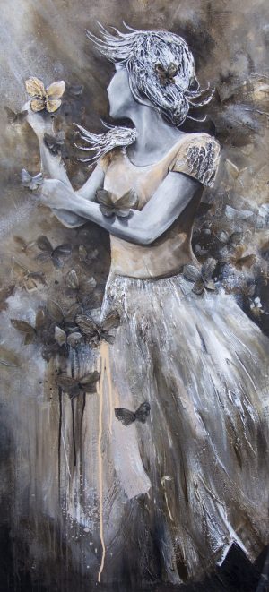 Marie Åkerlund Fjärilsdrottning – Akryl på duk, 130×60 cm, signerad