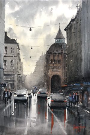 Benny Stigsson Östermalmhallen – Akvarell, 38×57 cm, signerad