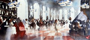 Helena Trovaj Saloon – Akvarell, 60×27 cm, signerad