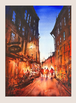 Stefan Gadnell Kväll över Gamla Stan – Akvarell, 56×76 cm, signerad