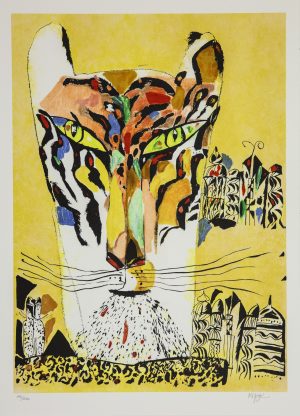 Madeleine Pyk Gul Tiger – madeleine Pyks gula tiger är ett starkt och lekfullt djurporträtt i hennes typiska sirl..., Litografi, signerad, upplaga 250 ex