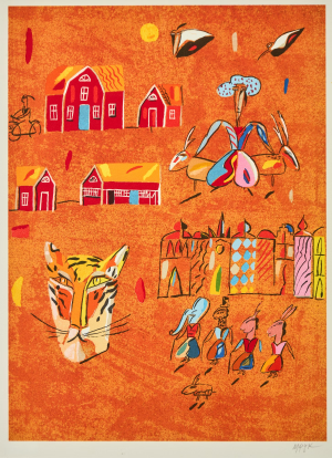 Madeleine Pyk Tigern från Skägga – madeleine Pyk gestaltar tigern från Skägga med sin lekfulla och eleganta bildstil, Litografi, signerad, upplaga 350 ex