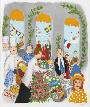 Lennart Jirlow Franska matsalen Grand Hotel med utsikt över Stockholm Ström – lennart Jirlow gestaltar den eleganta Franska matsalen på Grand Hôtel i Stockholm med u..., Litografi, 68×59 cm, signer...