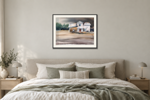 Släckte du ljuset - Giclée i Sovrum – säng. Illustrerad inramning, ungefärlig rumsskala.