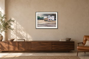 Släckte du ljuset - Giclée i Över en skänk. Illustrerad inramning, ungefärlig rumsskala.