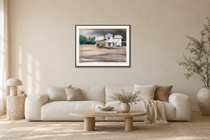 Släckte du ljuset - Giclée i Vardagsrum – soffa. Illustrerad inramning, ungefärlig rumsskala.