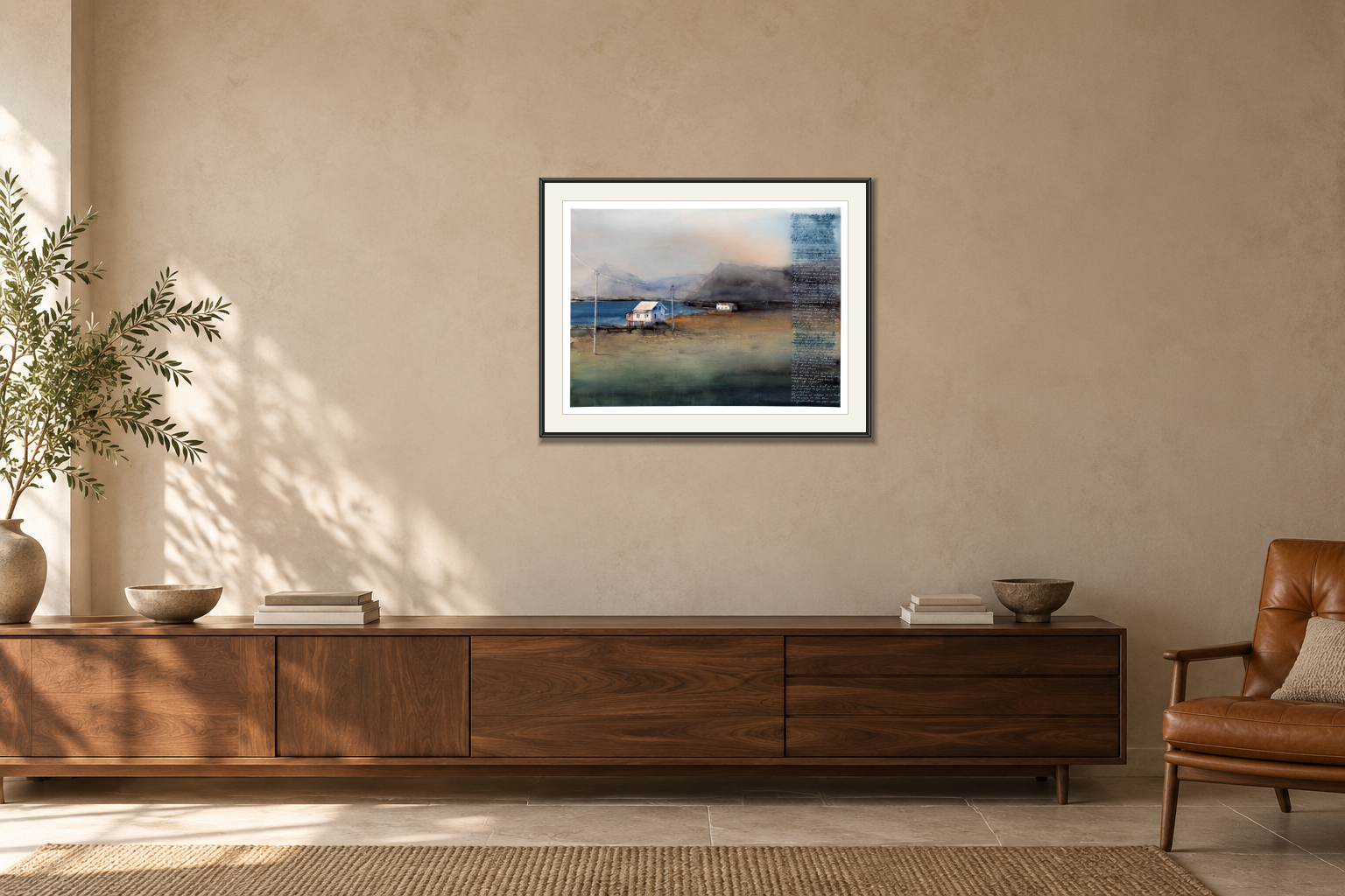 Längs vattnet - Giclée i Över en skänk. Illustrerad inramning, ungefärlig rumsskala.