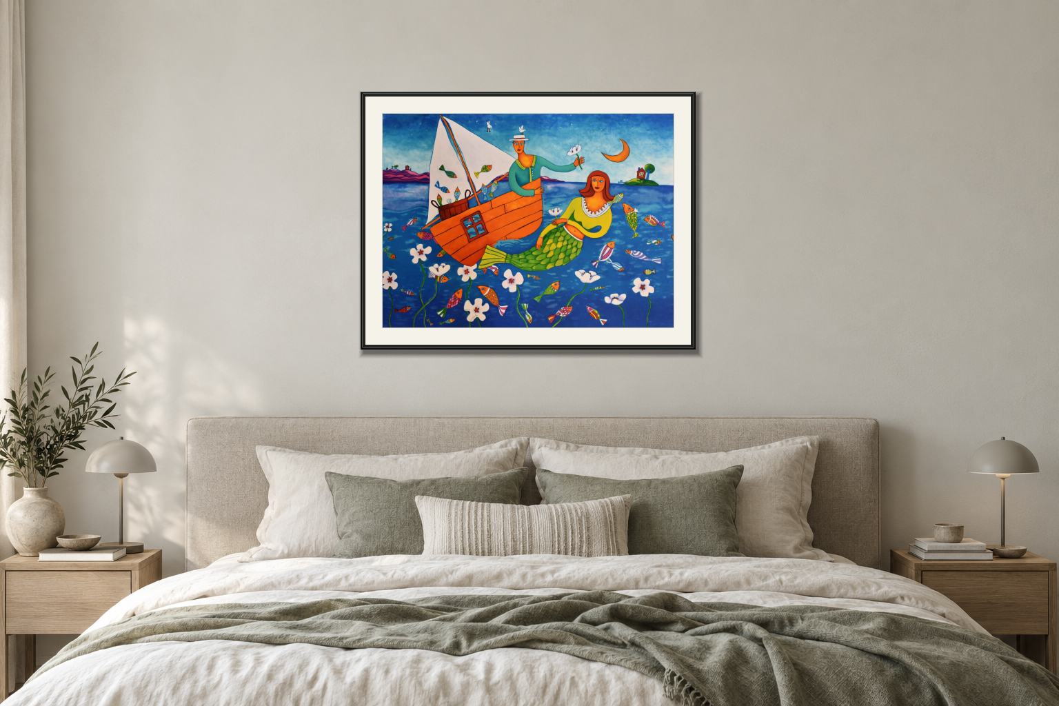 Sea Love i Sovrum – säng. Illustrerad inramning, ungefärlig rumsskala.