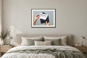 Presentkort i Sovrum – säng. Illustrerad inramning, ungefärlig rumsskala.