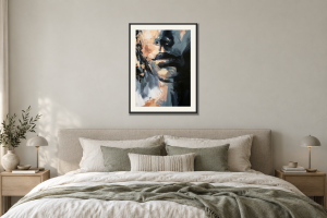 Abstract portrait no.au2020 i Sovrum – säng. Illustrerad inramning, ungefärlig rumsskala.