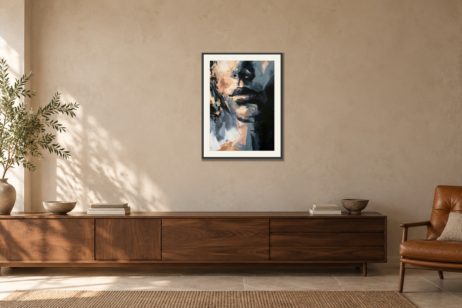 Abstract portrait no.au2020 i Över en skänk. Illustrerad inramning, ungefärlig rumsskala.