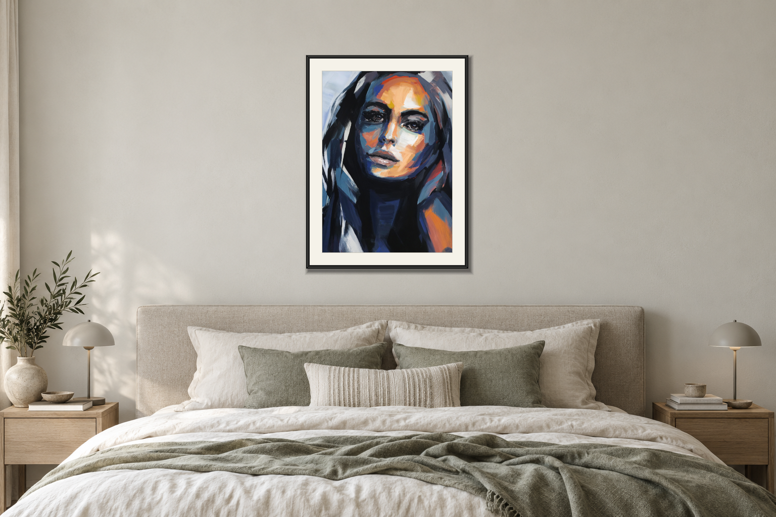 Abstract portrait no.s2025 i Sovrum – säng. Illustrerad inramning, ungefärlig rumsskala.