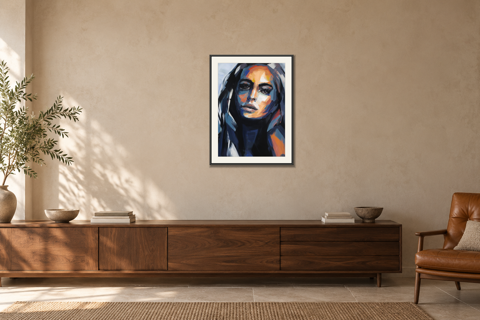 Abstract portrait no.s2025 i Över en skänk. Illustrerad inramning, ungefärlig rumsskala.