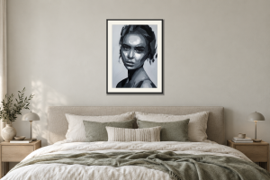 Abstract portrait no.s2027 i Sovrum – säng. Illustrerad inramning, ungefärlig rumsskala.