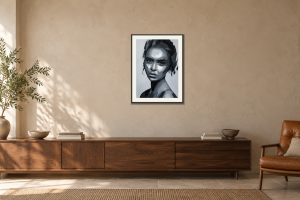 Abstract portrait no.s2027 i Över en skänk. Illustrerad inramning, ungefärlig rumsskala.