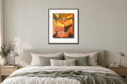 An Important Property Of Orange i Sovrum – säng. Illustrerad inramning, ungefärlig rumsskala.