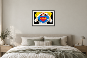 Superwoman i Sovrum – säng. Illustrerad inramning, ungefärlig rumsskala.