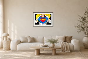 Superwoman i Vardagsrum – soffa. Illustrerad inramning, ungefärlig rumsskala.
