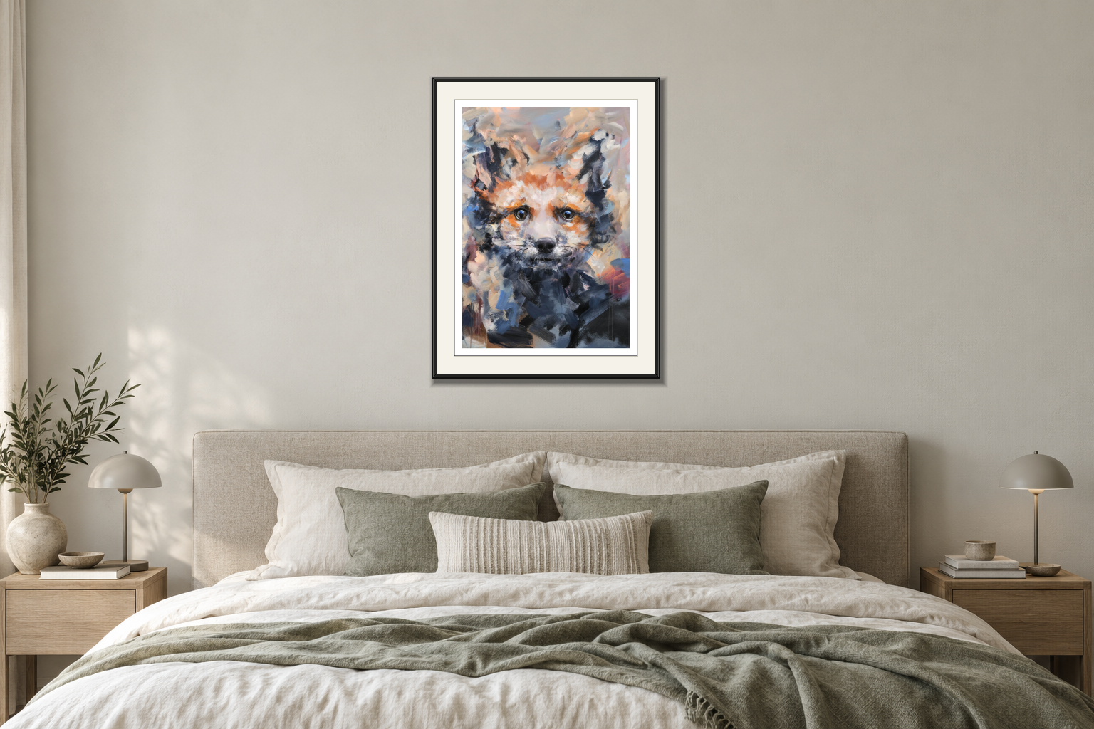 Fox Cub i Sovrum – säng. Illustrerad inramning, ungefärlig rumsskala.