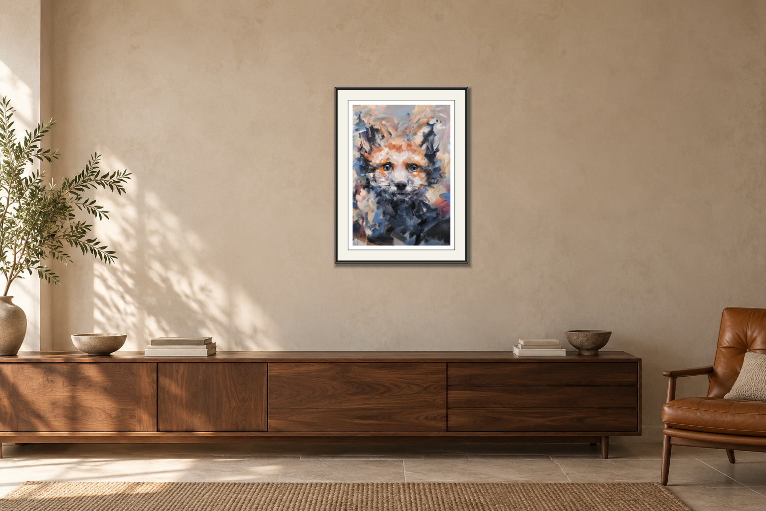 Fox Cub i Över en skänk. Illustrerad inramning, ungefärlig rumsskala.