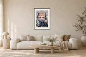 Fox Cub i Vardagsrum – soffa. Illustrerad inramning, ungefärlig rumsskala.