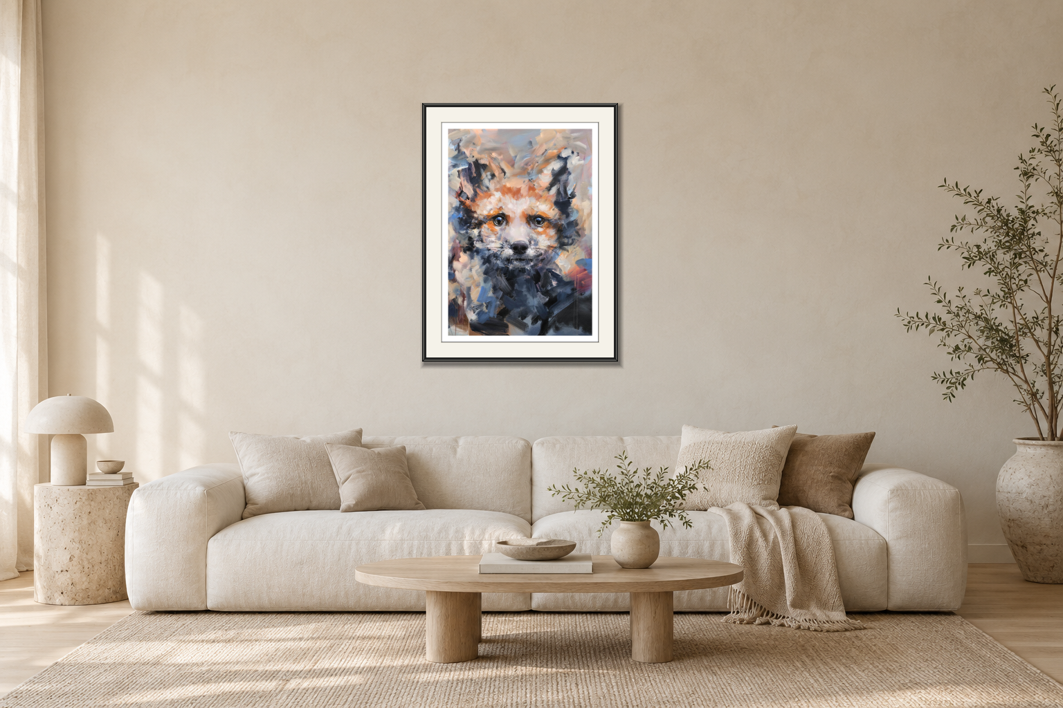 Fox Cub i Vardagsrum – soffa. Illustrerad inramning, ungefärlig rumsskala.