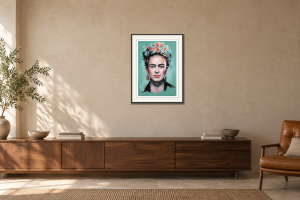 Kahlo i Över en skänk. Illustrerad inramning, ungefärlig rumsskala.