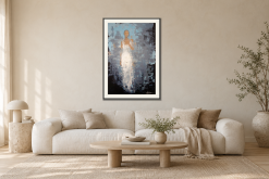 Who is in the mirror i Vardagsrum – soffa. Illustrerad inramning, ungefärlig rumsskala.