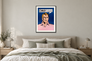 OMG! Champagne | Blue i Sovrum – säng. Illustrerad inramning, ungefärlig rumsskala.