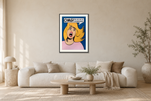 OMG! | Blue i Vardagsrum – soffa. Illustrerad inramning, ungefärlig rumsskala.
