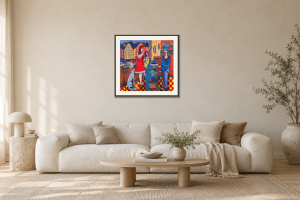 Cafe Ritorno i Vardagsrum – soffa. Illustrerad inramning, ungefärlig rumsskala.