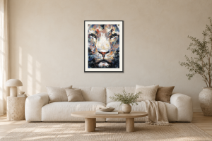 Portrait of a Lion II i Vardagsrum – soffa. Illustrerad inramning, ungefärlig rumsskala.