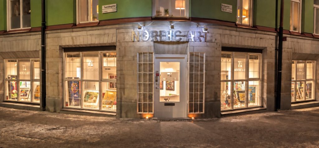 Nordic Arts fasad på Birkagatan 28B, hörnet Tomtebogatan, i Vasastan, Stockholm