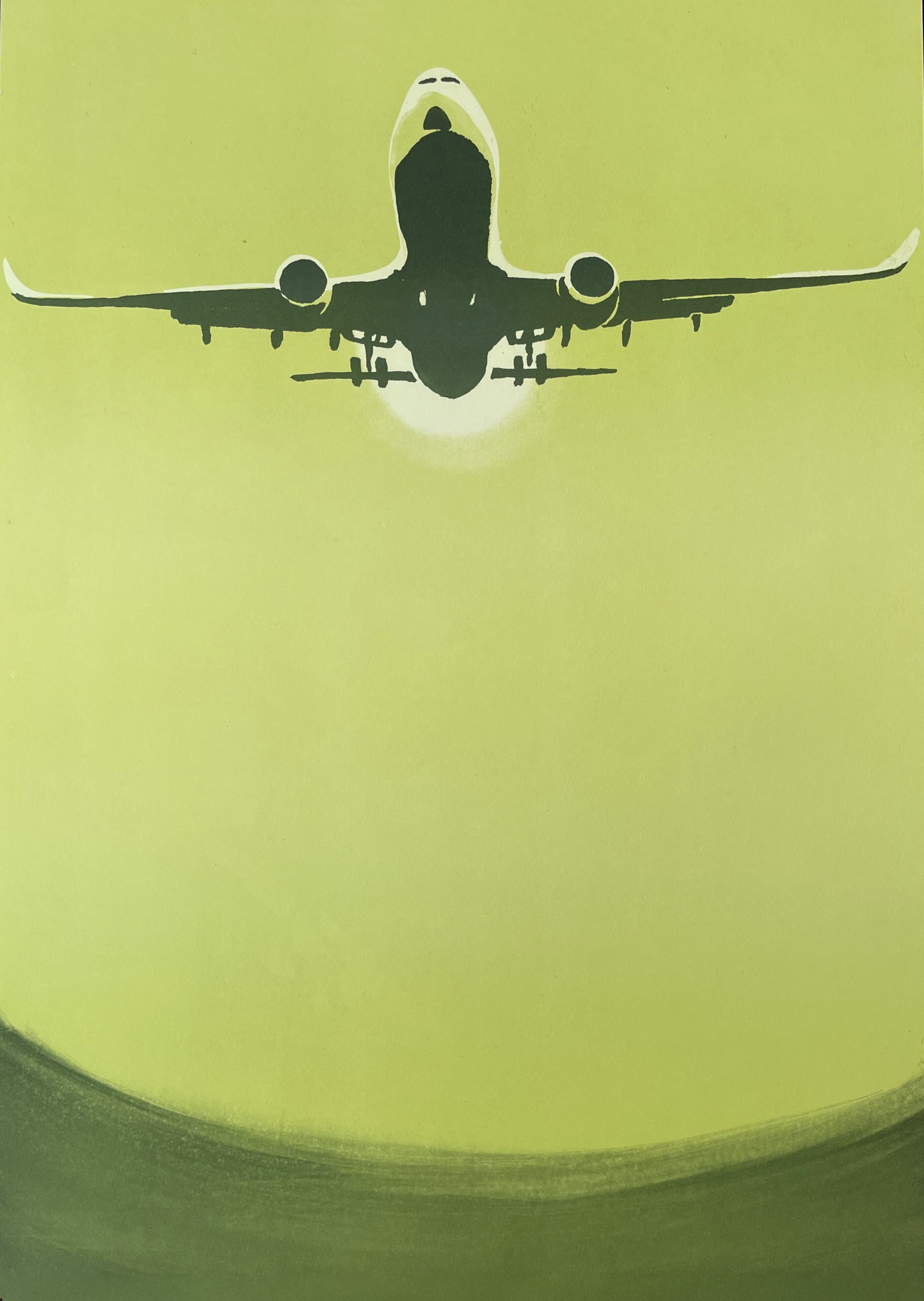Take off, litografi av Joakim Allgulander med ett flygplan som lyfter mot en gulgrön himmel