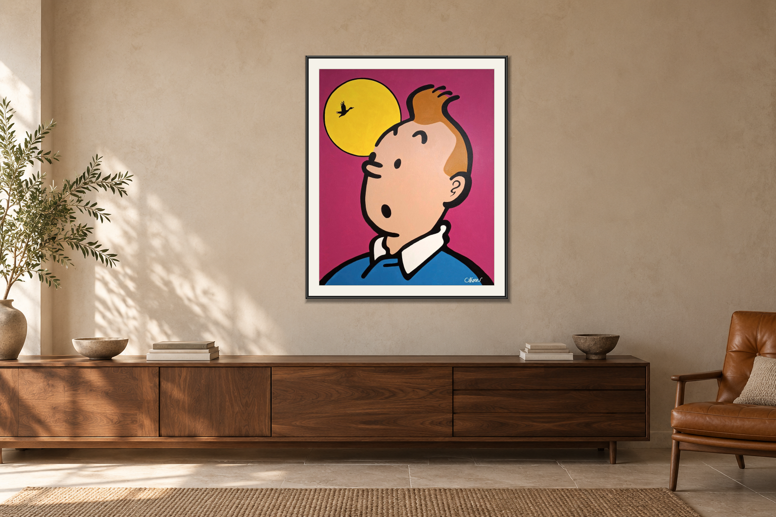 Tintin i månskenet i Över en skänk. Illustrerad inramning, ungefärlig rumsskala.